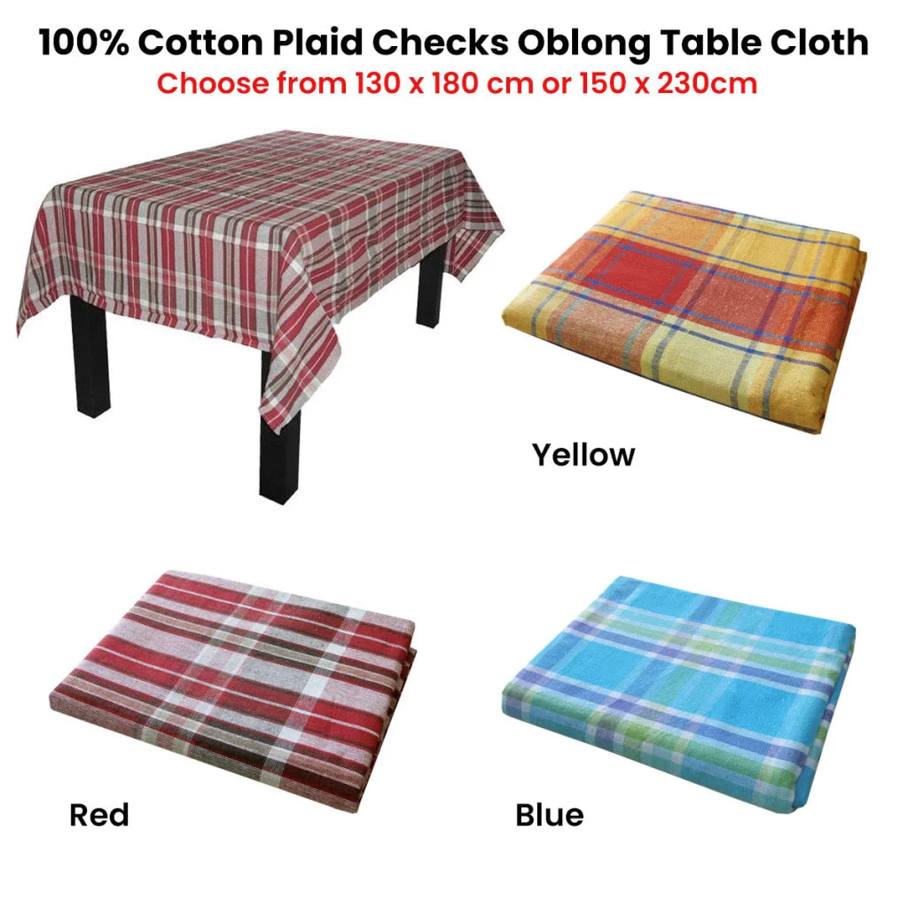 Table Cloth Cotton Plaid Checks Oblong 150 x 230cm - Blue