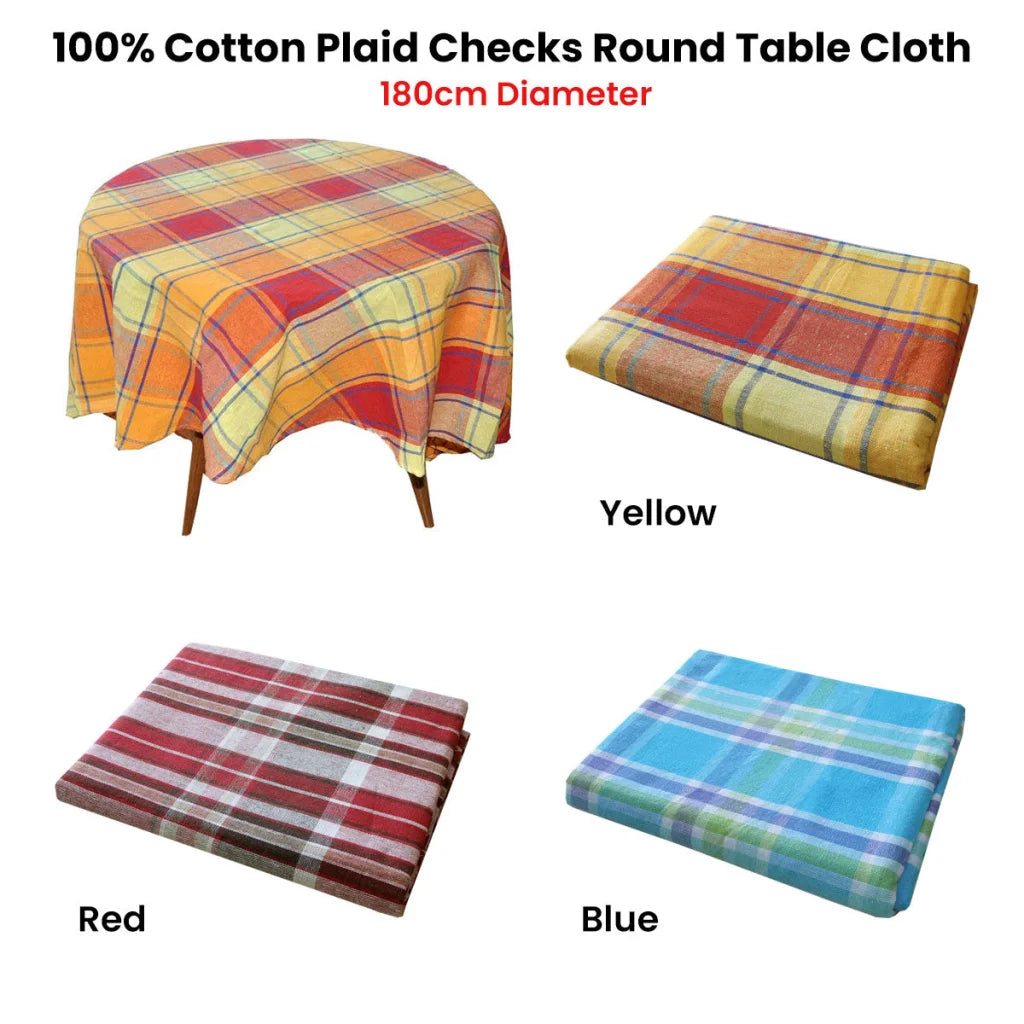 Table Cloth Cotton Plaid Checks Round 180cm Diameter - Blue