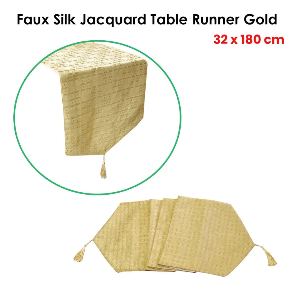 Table Runner Faux Silk Jacquard Gold 32 x 180 cm - Home &