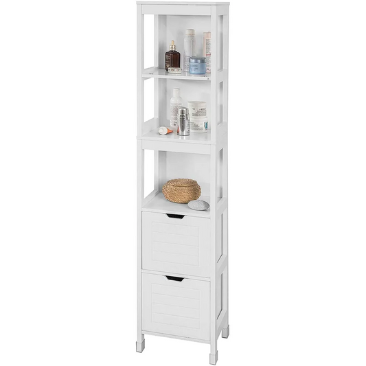 Tall cabinet standing with shelves and cupboard storage layout