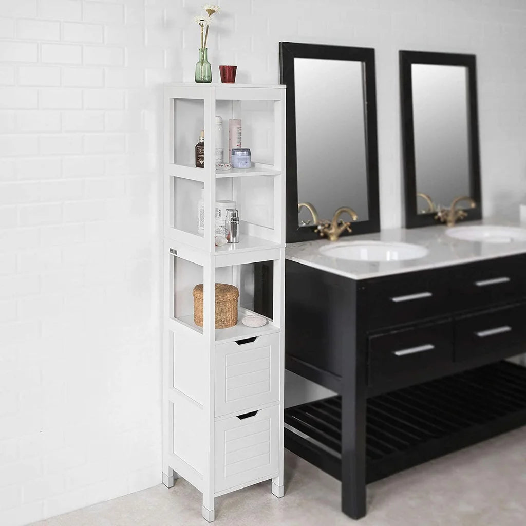 Tall cabinet standing with handles and internal shelves