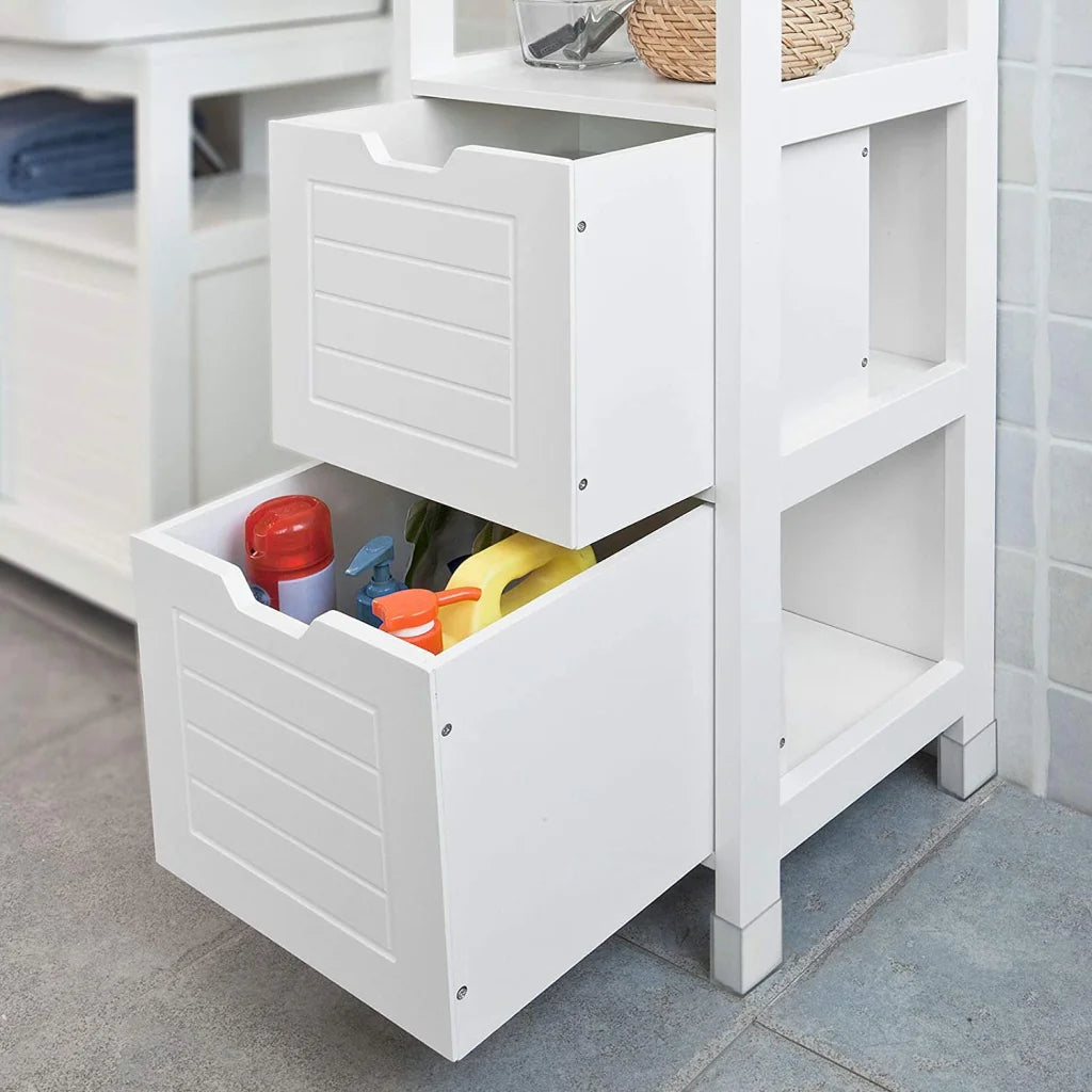 Tall cabinet standing with multiple compartments and lock mechanism
