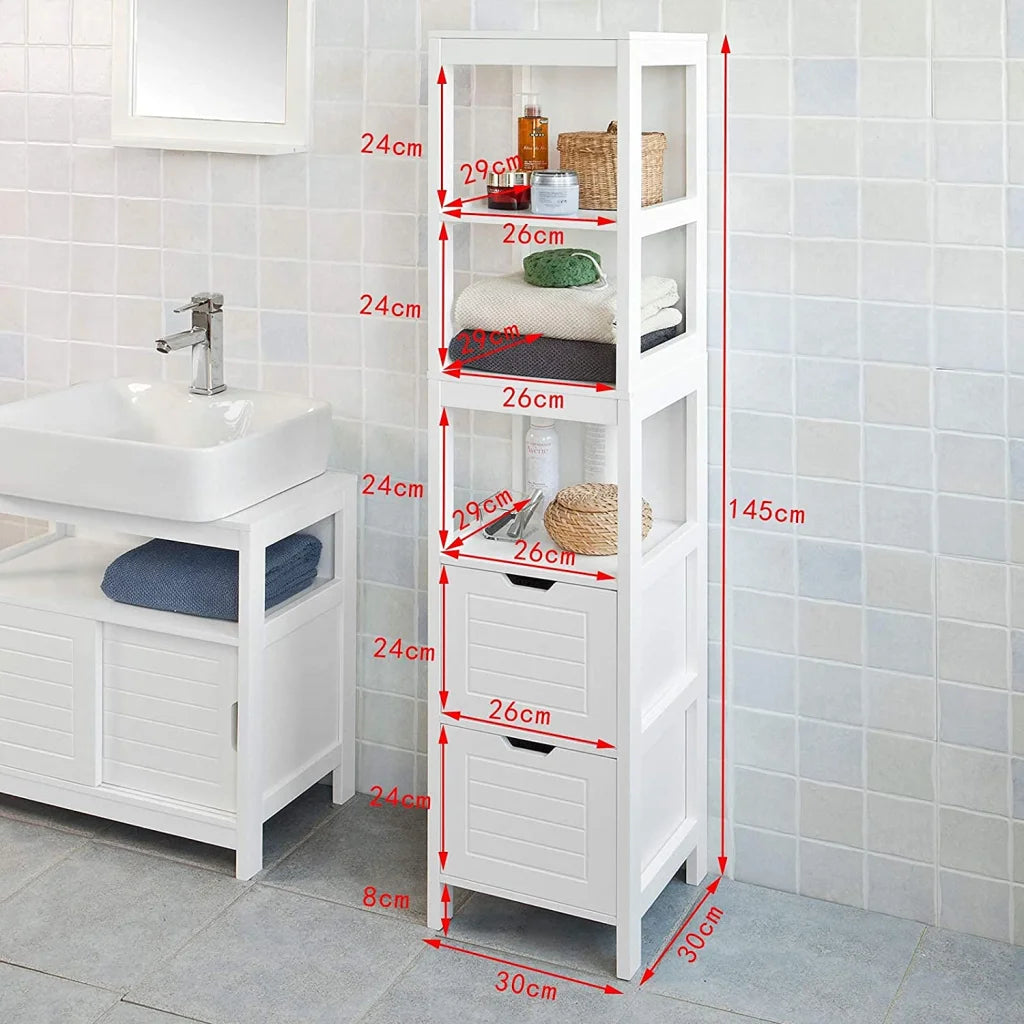 Tall cabinet standing with doors and organised storage compartments