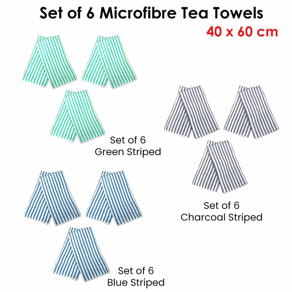Tea Towels Microfibre Striped Charcoal Set of 6 - Home &
