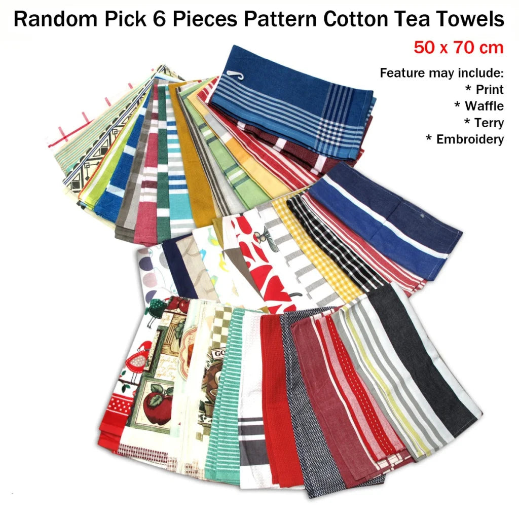 Tea Towels Random Pick Set of 6 100% Cotton Pattern 50x70