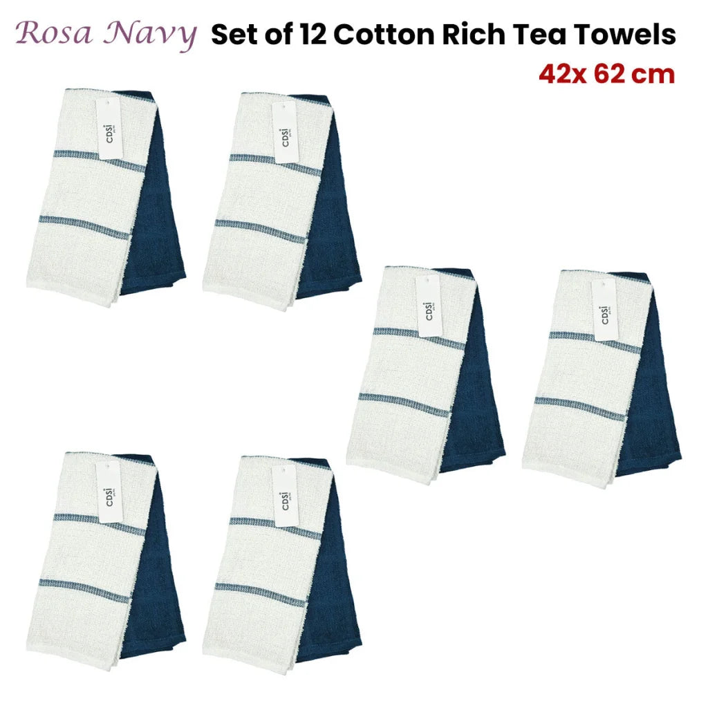 Tea Towels Set of 12 Rosa Navy Cotton Rich Terry - Home &