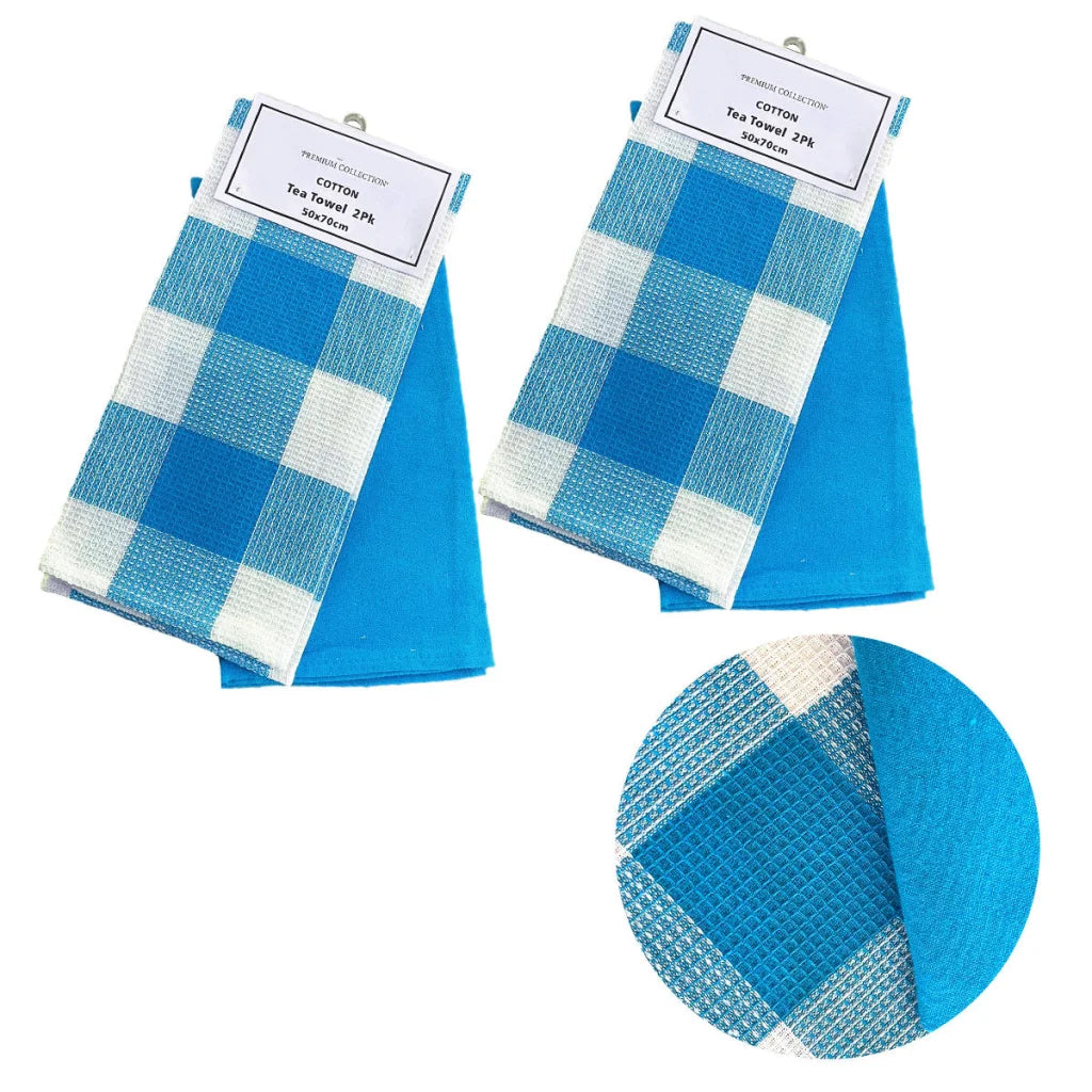Tea Towels Set of 4 Cotton Waffle Checkered & Plain Dyed