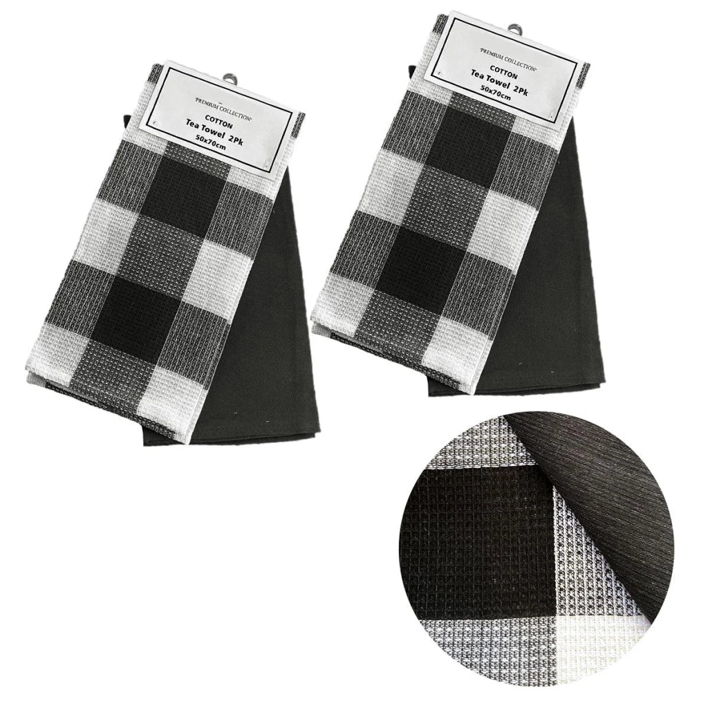 Tea Towels Set of 4 Cotton Waffle Checkered & Plain Dyed