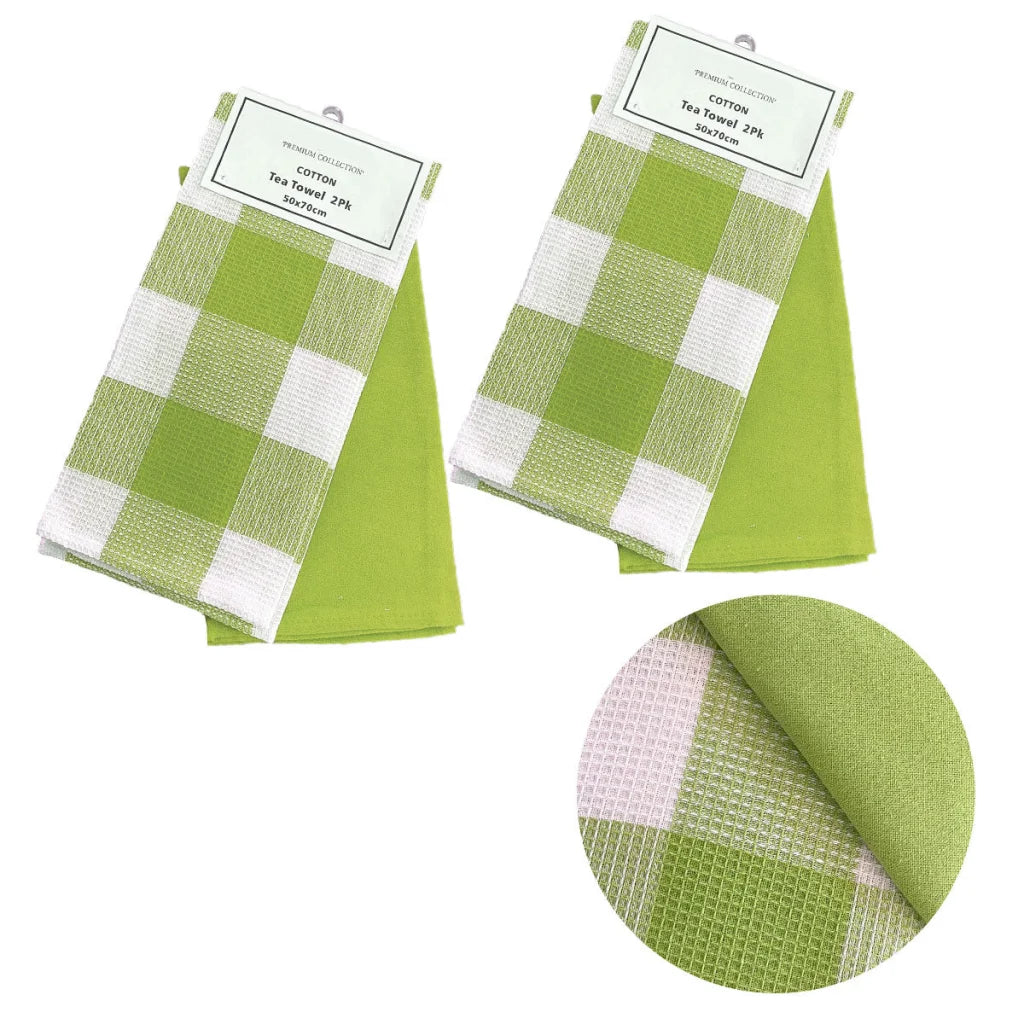 Tea Towels Set of 4 Cotton Waffle Checkered & Plain Dyed