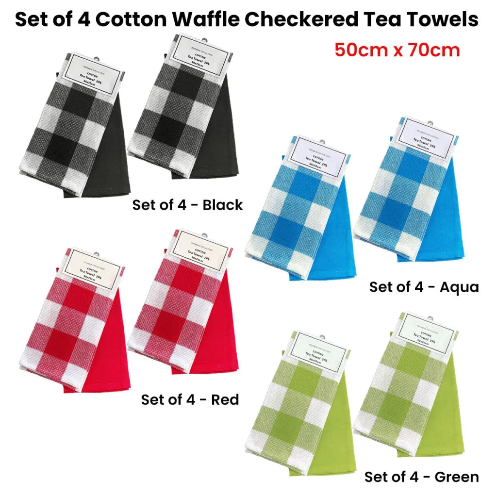 Tea Towels Set of 4 Cotton Waffle Checkered & Plain Dyed