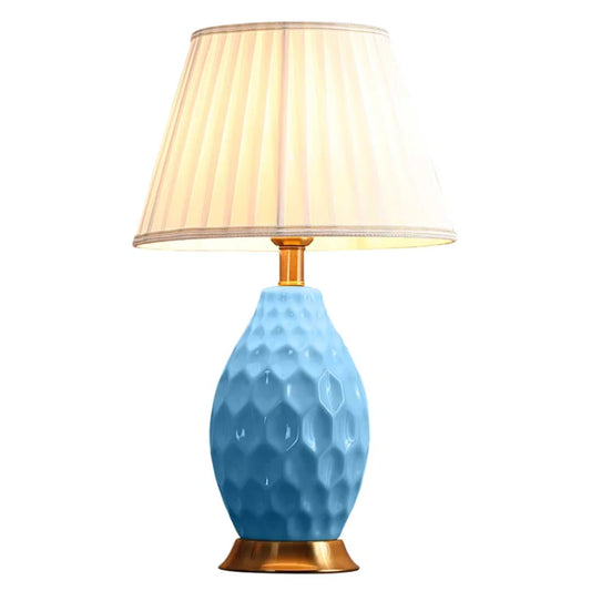 Textured Ceramic Oval Table Lamp with Gold Metal Base Blue - Premium