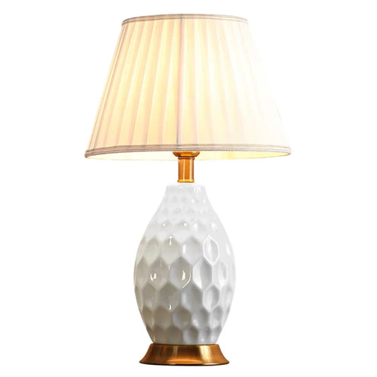 Textured Ceramic Oval Table Lamp with Gold Metal Base White - Premium