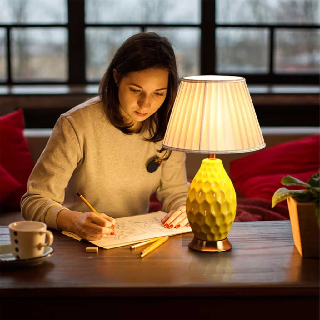 Textured Ceramic Oval Table Lamp with Gold Metal Base White - Premium