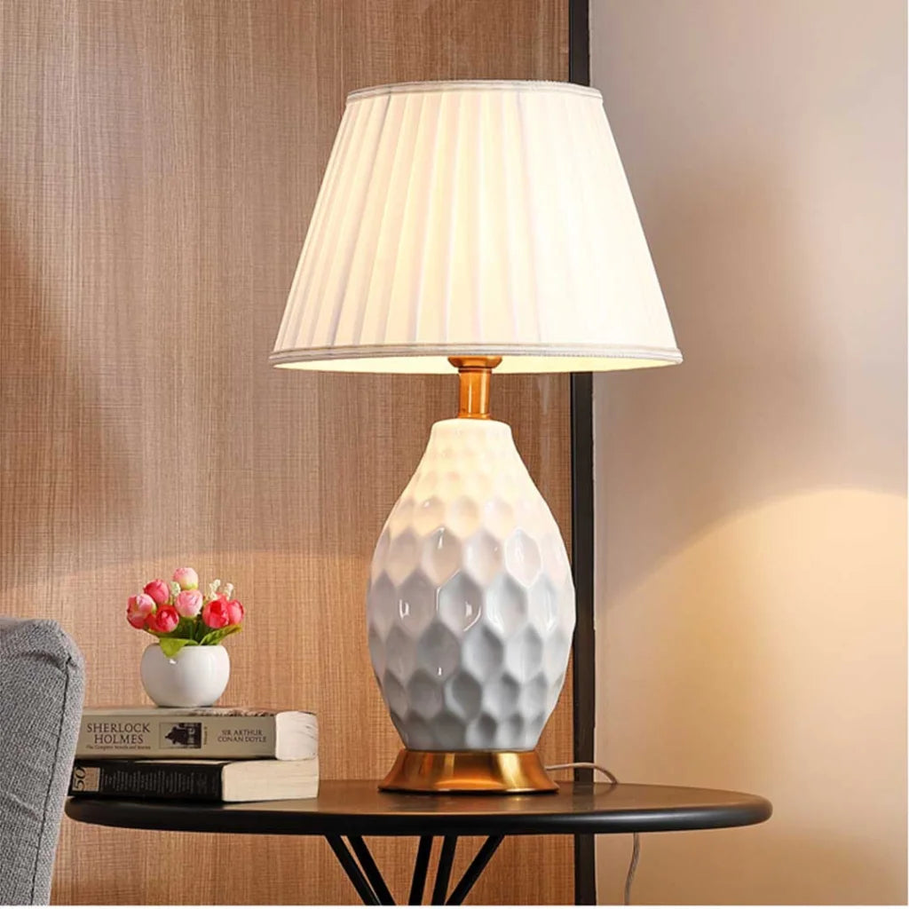 Textured Ceramic Oval Table Lamp with Gold Metal Base White - Premium