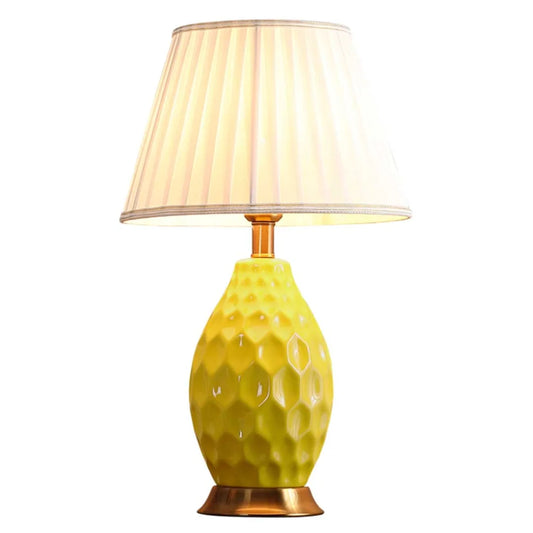 Textured Ceramic Oval Table Lamp with Gold Metal Base Yellow - Premium