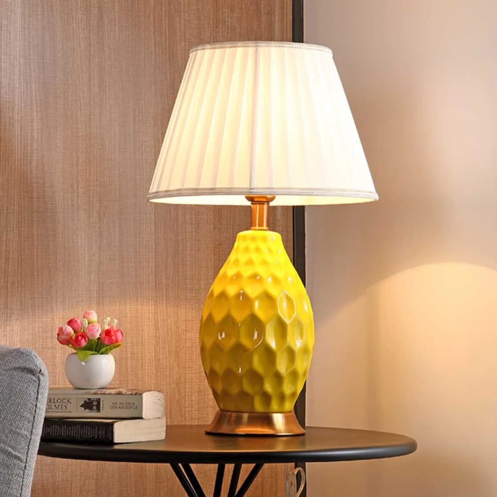 Textured Ceramic Oval Table Lamp with Gold Metal Base Yellow - Premium