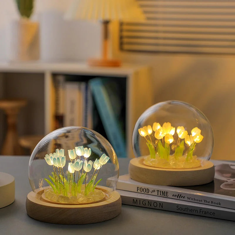 (Thirteen Blue Tulips) Glowing Tulip Dome Lamp - Wooden