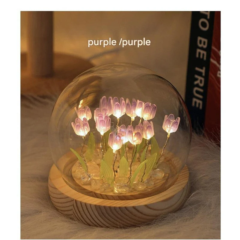 (Thirteen Purple Tulips) Glowing Tulip Dome Lamp - Wooden