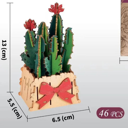 Thousand Flowers DIY 3D Wooden Cactus Puzzle with Red