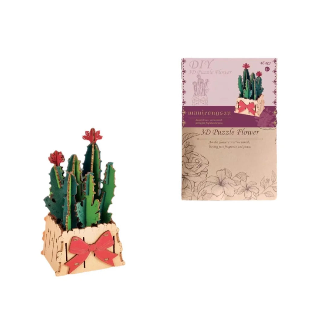 Thousand Flowers DIY 3D Wooden Cactus Puzzle with Red