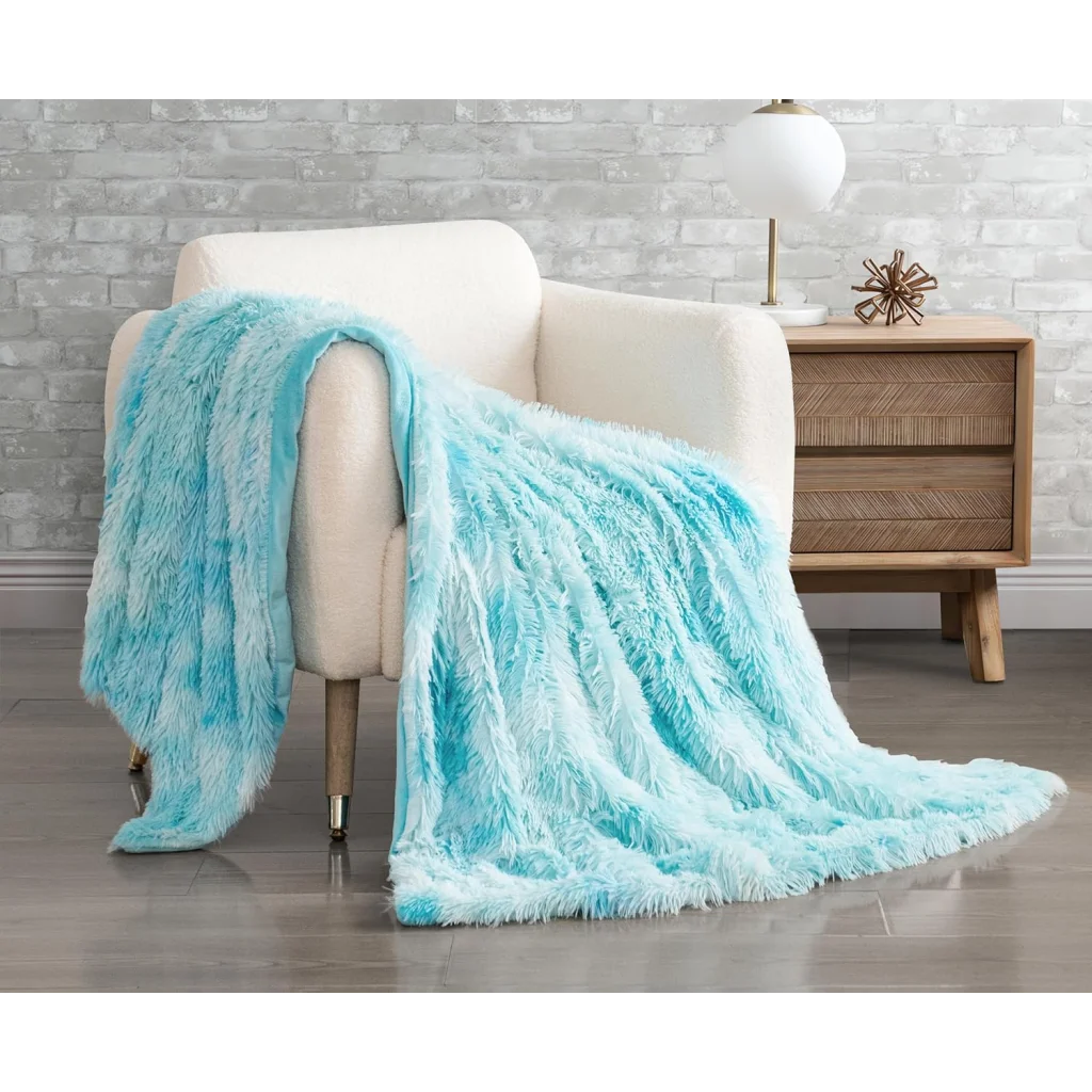Throw Blanket Double Sided Faux Fur Shaggy - Blue - Home &