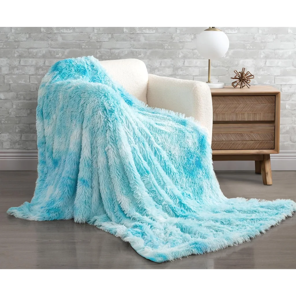 Throw Blanket Double Sided Faux Fur Shaggy - Blue - Home &