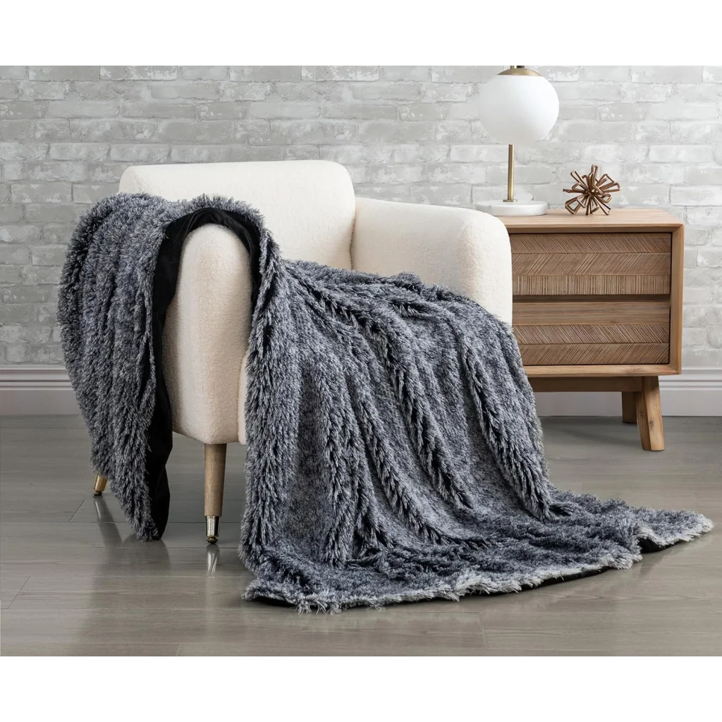 Throw Blanket Double Sided Faux Fur Shaggy - Charcoal