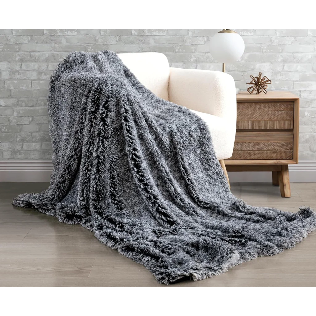 Throw Blanket Double Sided Faux Fur Shaggy - Charcoal