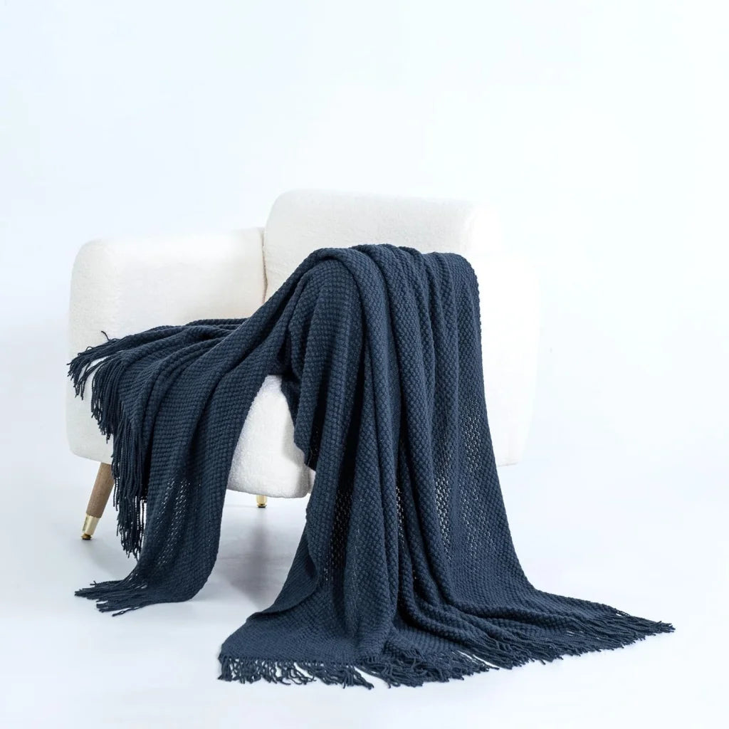 Throw Blanket Micro Plush Knitted Woven - Navy - Home &