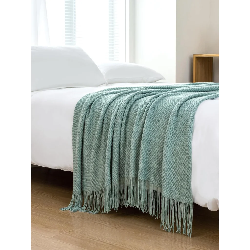 Throw Blanket Micro Plush Knitted Woven - Seafoam - Home &