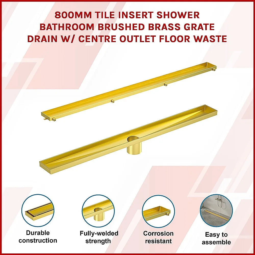 Tile Insert Bathroom Shower Brushed Brass Grate Drain 800mm