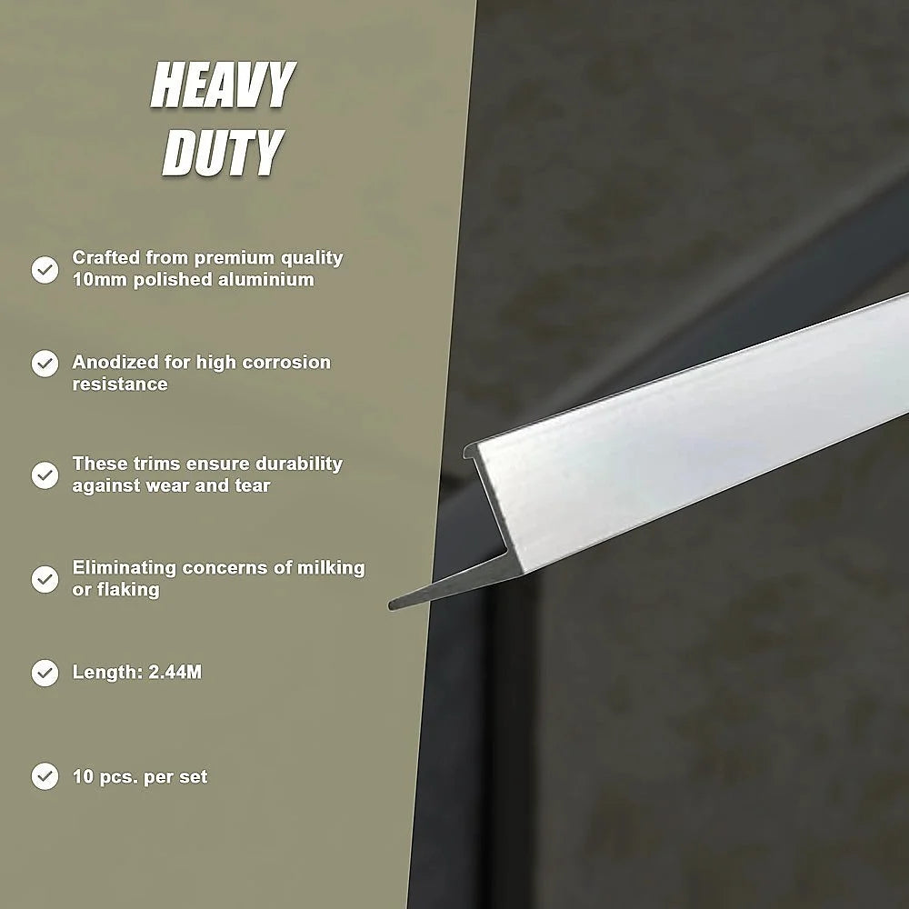 Tile Trim 10x Heavy Duty L-Shaped Edge Aluminium 10mm