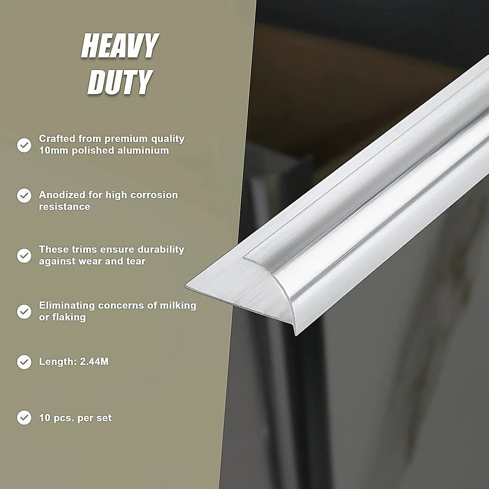 Tile Trim 10x Heavy Duty Round Edge Aluminium 10mm - Home &