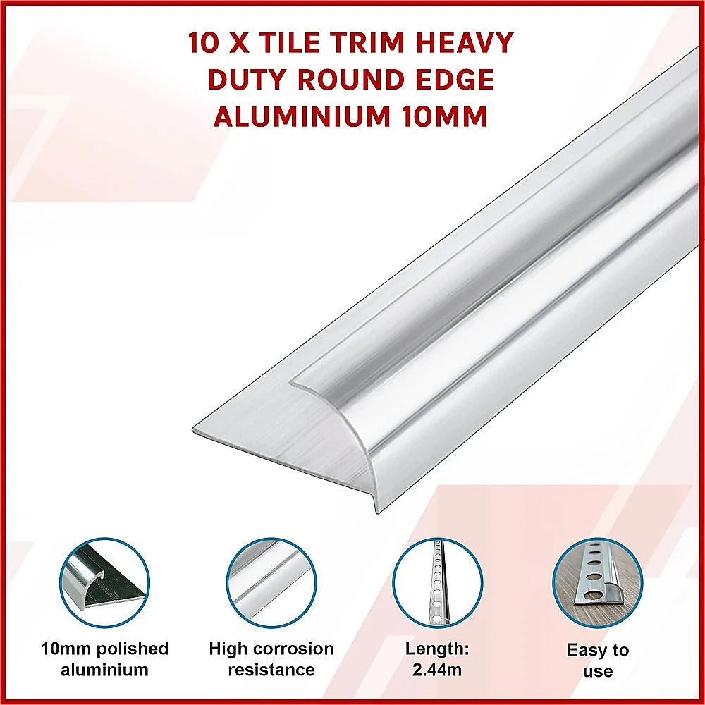 Tile Trim 10x Heavy Duty Round Edge Aluminium 10mm - Home &