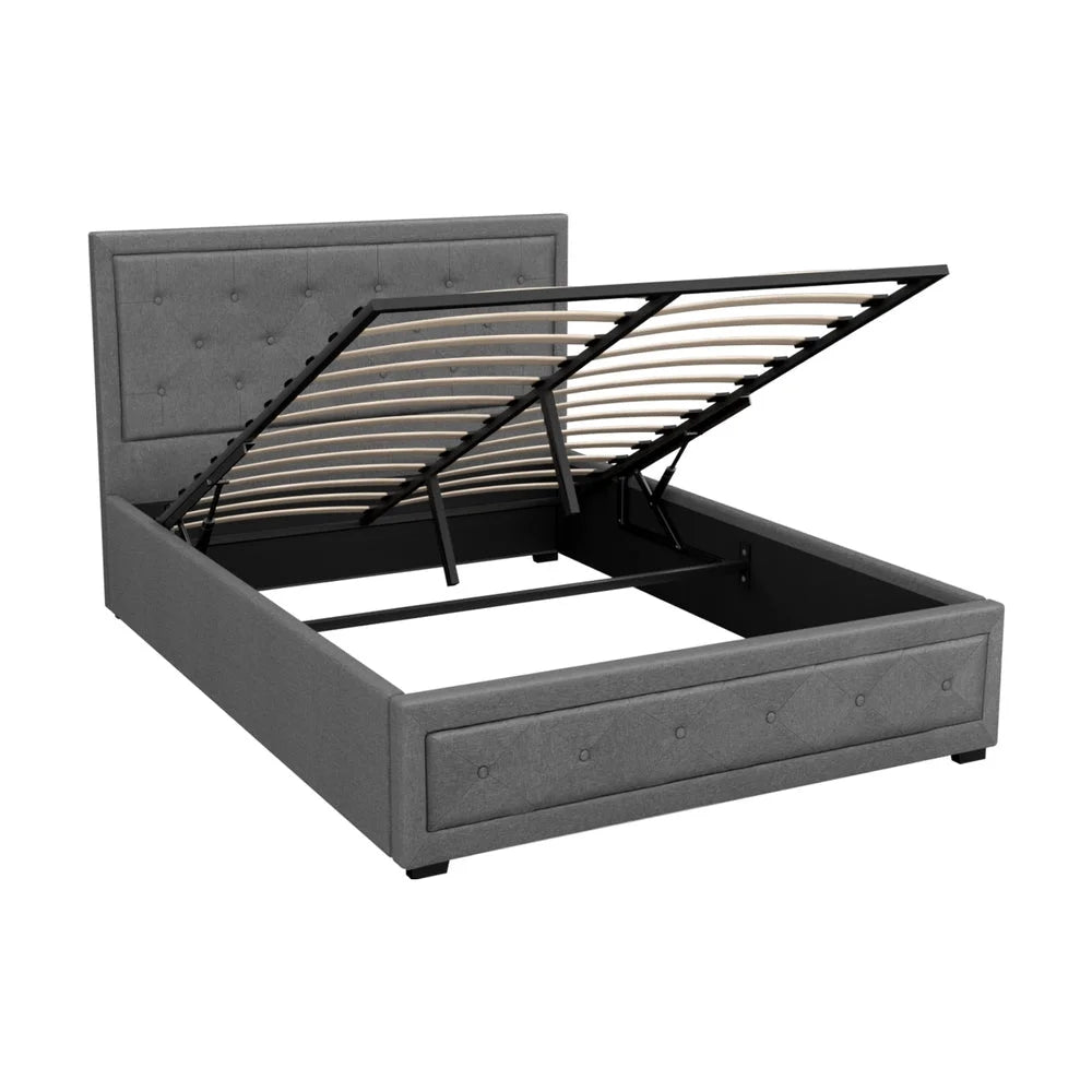 Tiyo Bed Frame Fabric Gas Lift Storage - Grey Double