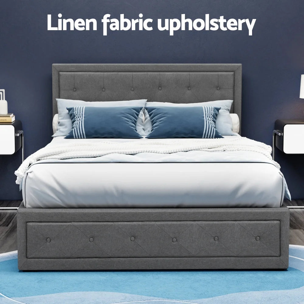 Tiyo Bed Frame Fabric Gas Lift Storage - Grey Double