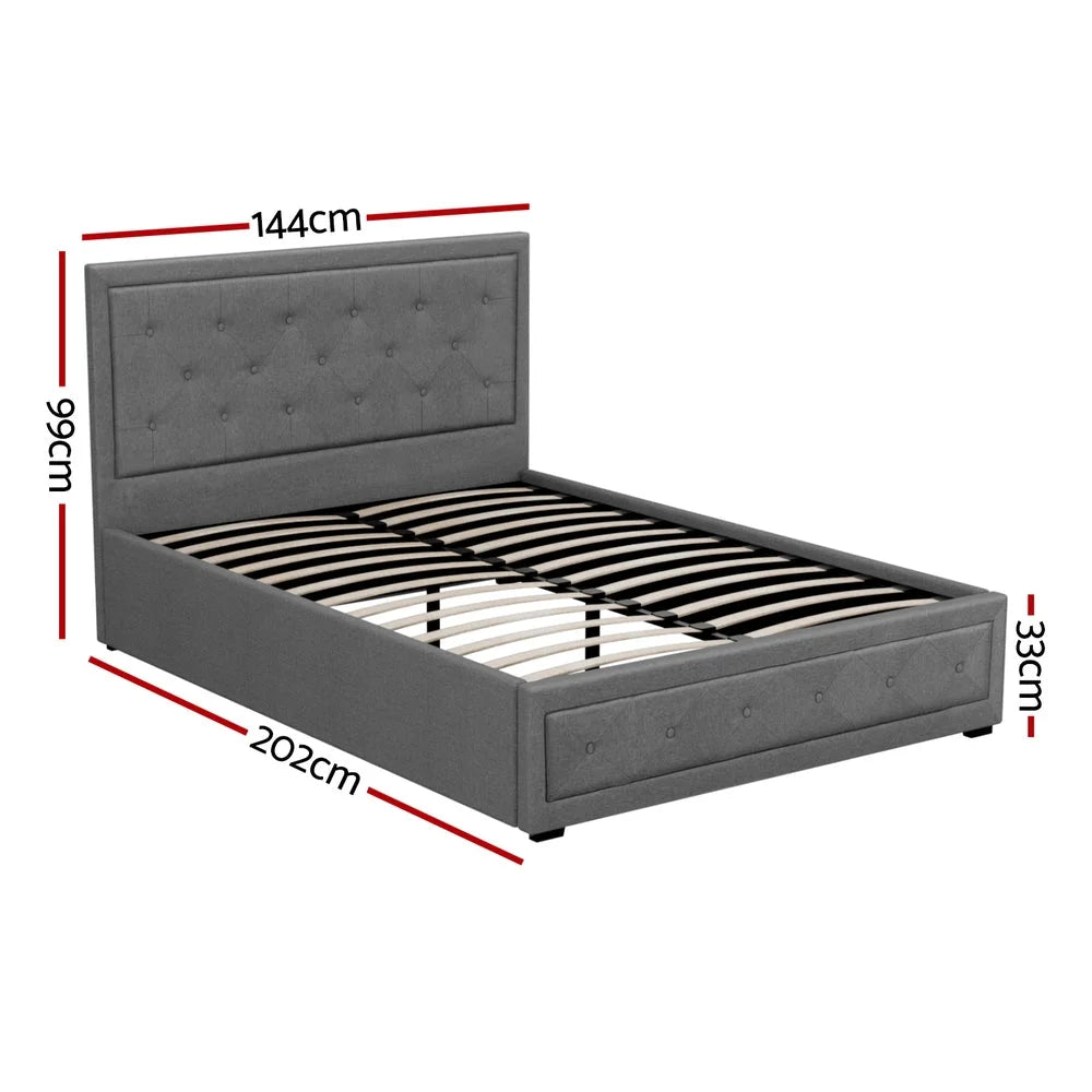 Tiyo Bed Frame Fabric Gas Lift Storage - Grey Double