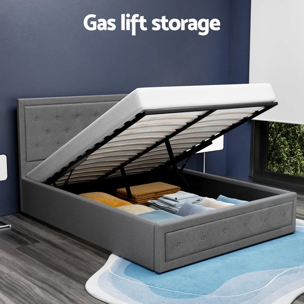Tiyo Bed Frame Fabric Gas Lift Storage - Grey Double