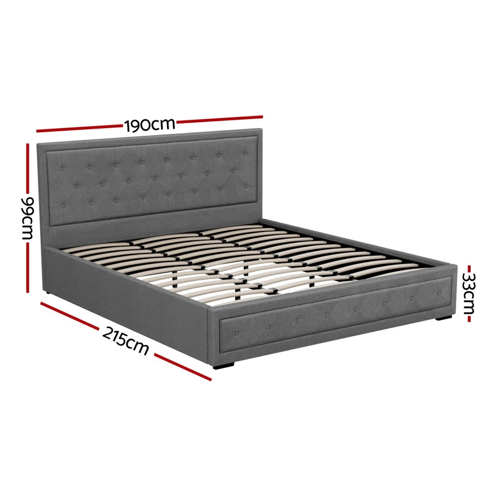 King grey fabric gas lift storage bed frame