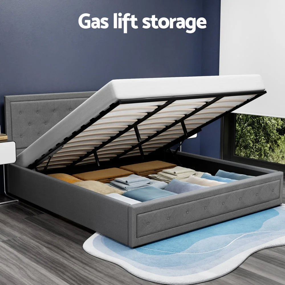 Tiyo Bed Frame Gas Lift Storage Grey Fabric