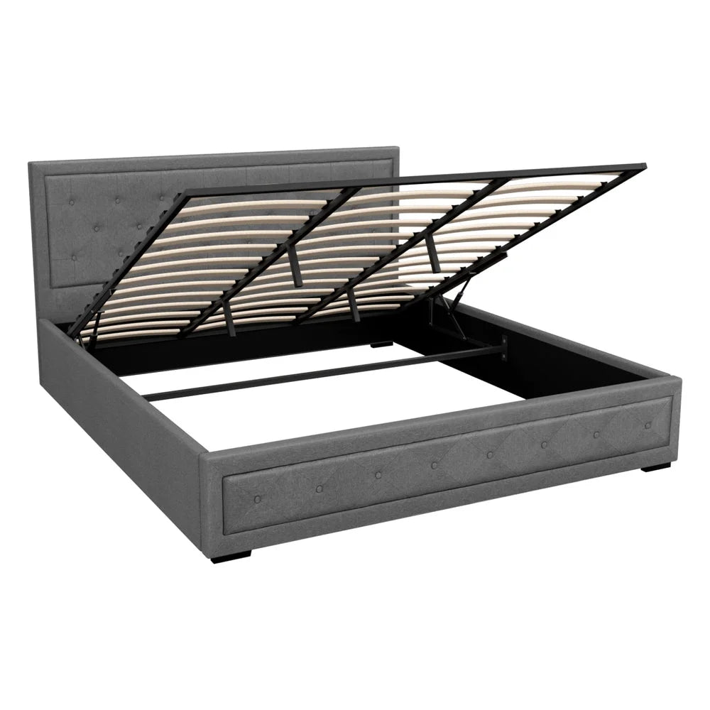 King grey fabric gas lift storage bed frame