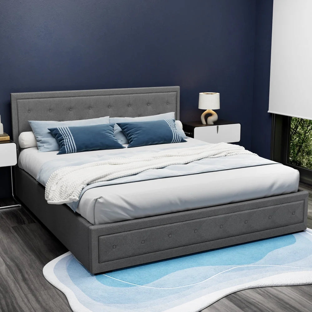 Grey Tiyo Bed Frame Gas Lift Storage King Size Fabric