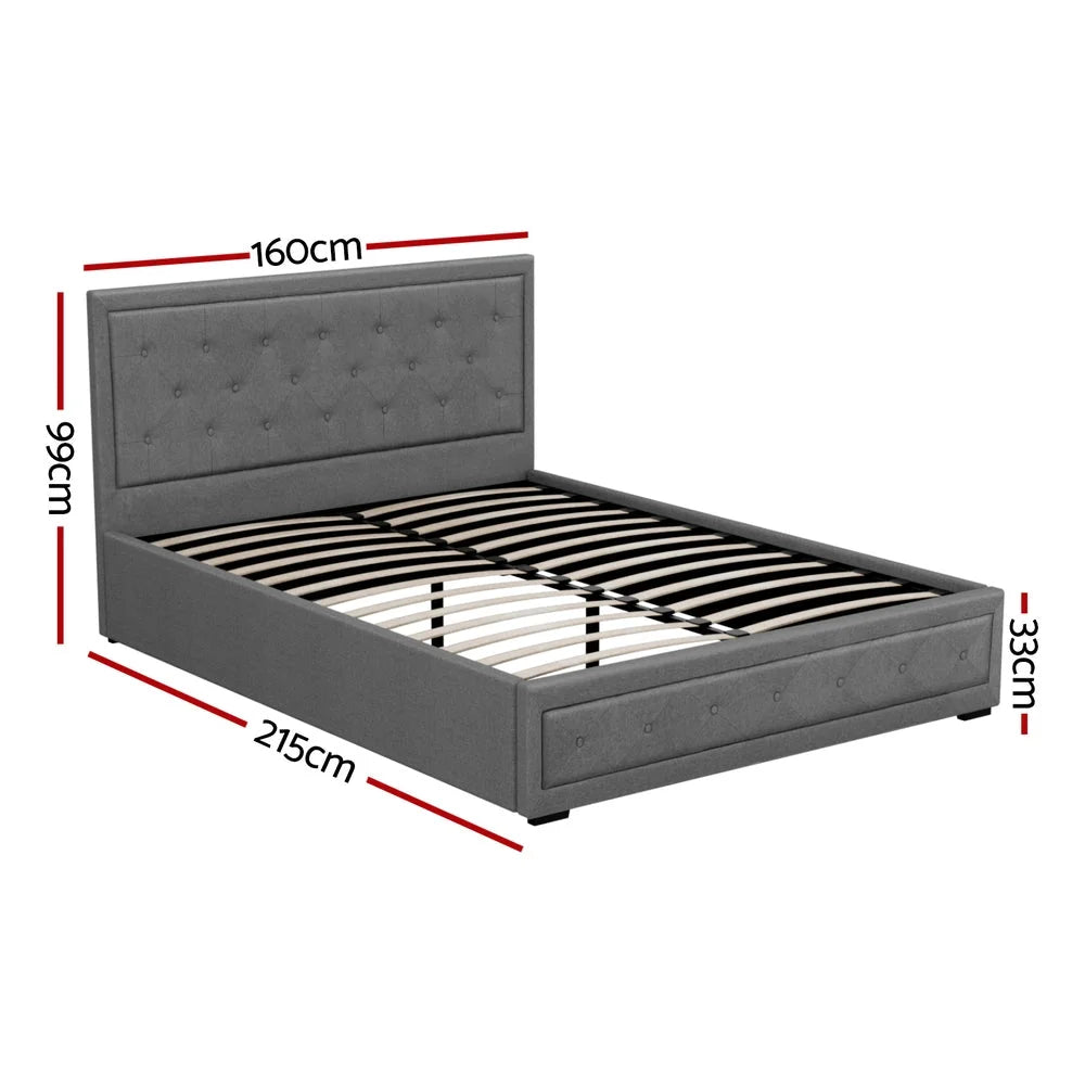 Tiyo Bed Frame Fabric Gas Lift Storage - Grey Queen