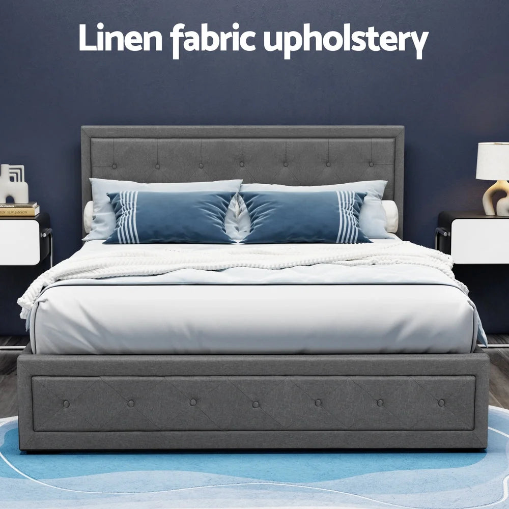 Tiyo Bed Frame Fabric Gas Lift Storage - Grey Queen