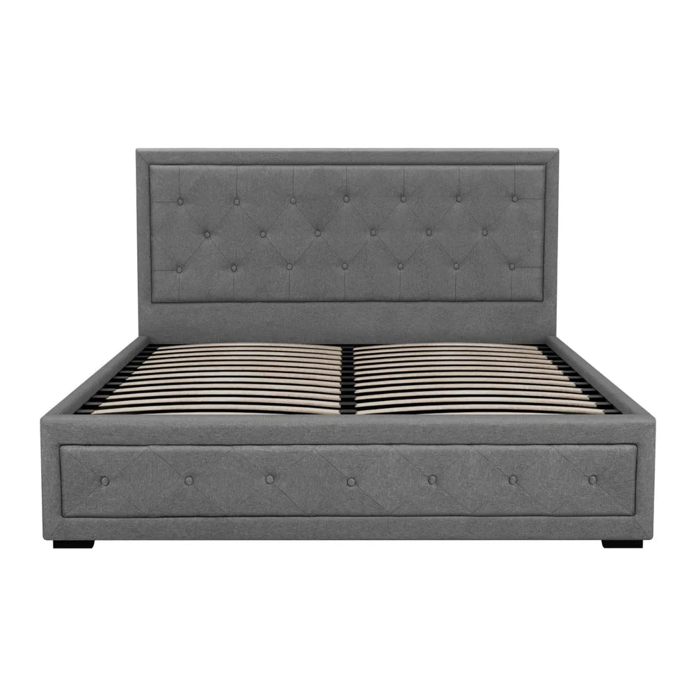 Tiyo Bed Frame Fabric Gas Lift Storage - Grey Queen