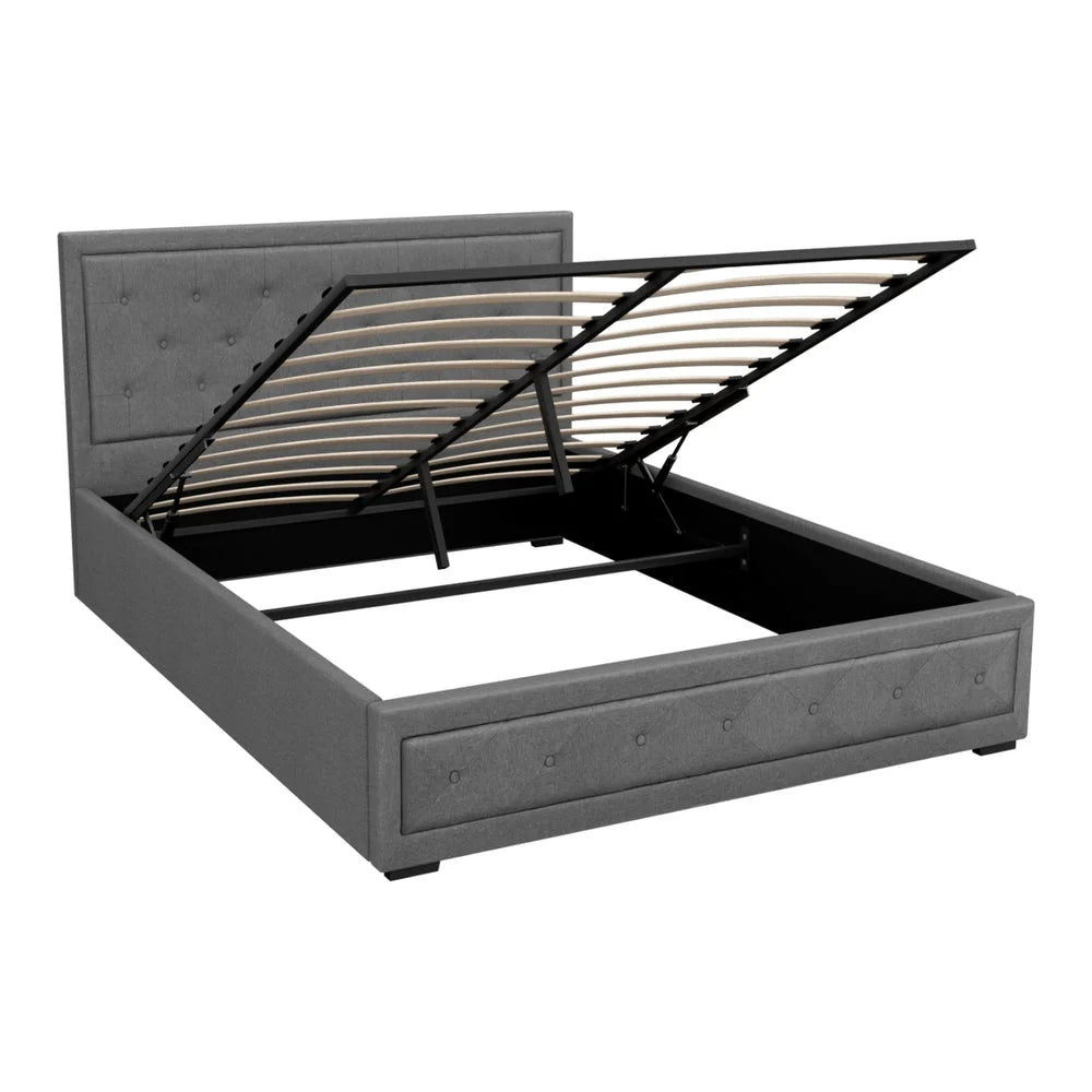 Tiyo Bed Frame Fabric Gas Lift Storage - Grey Queen