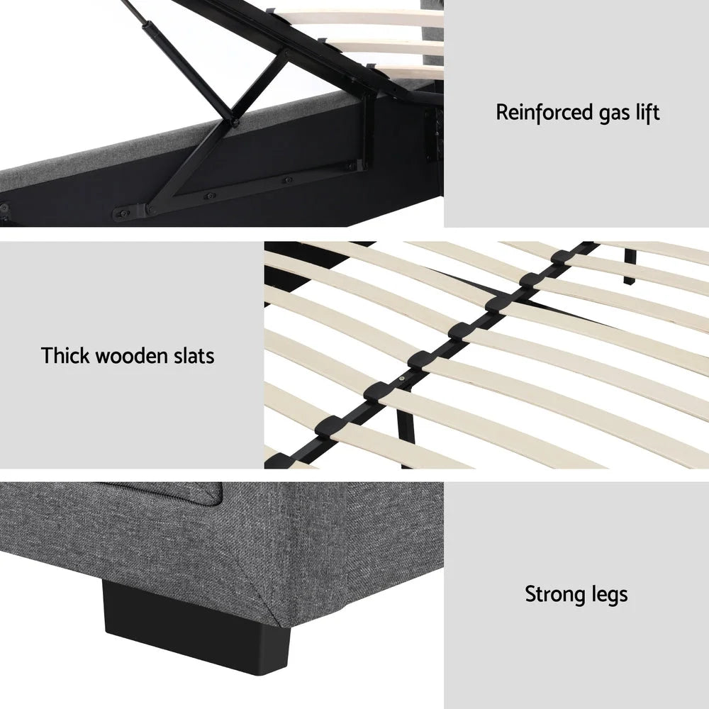 Tiyo Bed Frame Fabric Gas Lift Storage - Grey Queen