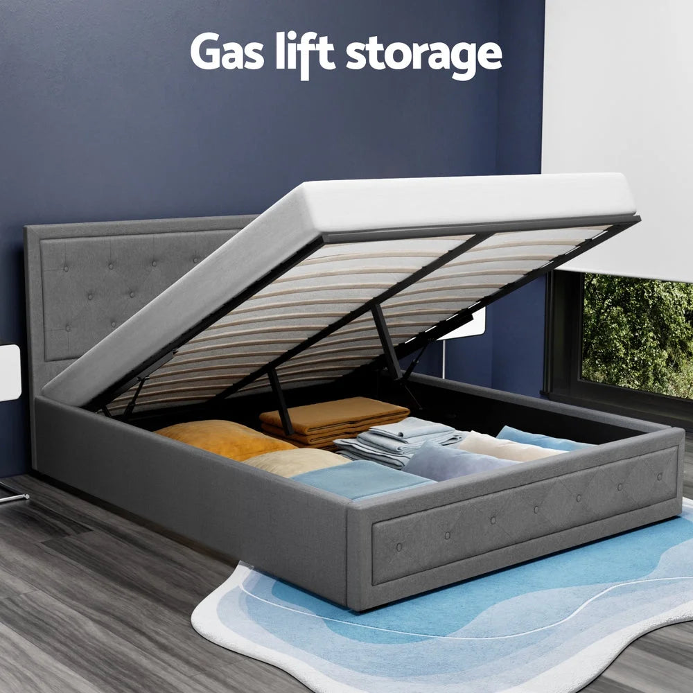 Tiyo Bed Frame Fabric Gas Lift Storage - Grey Queen