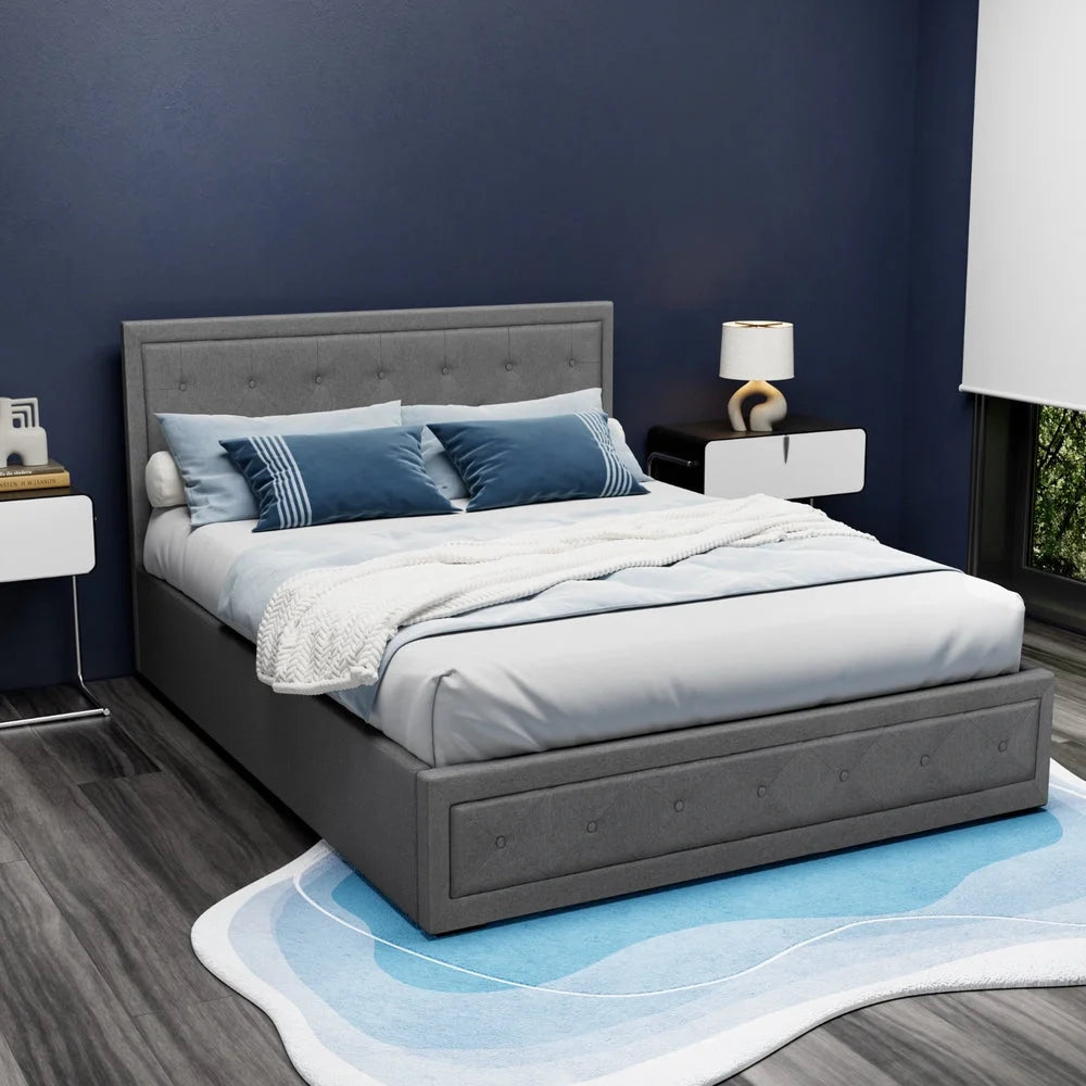 Tiyo Bed Frame Fabric Gas Lift Storage - Grey Queen