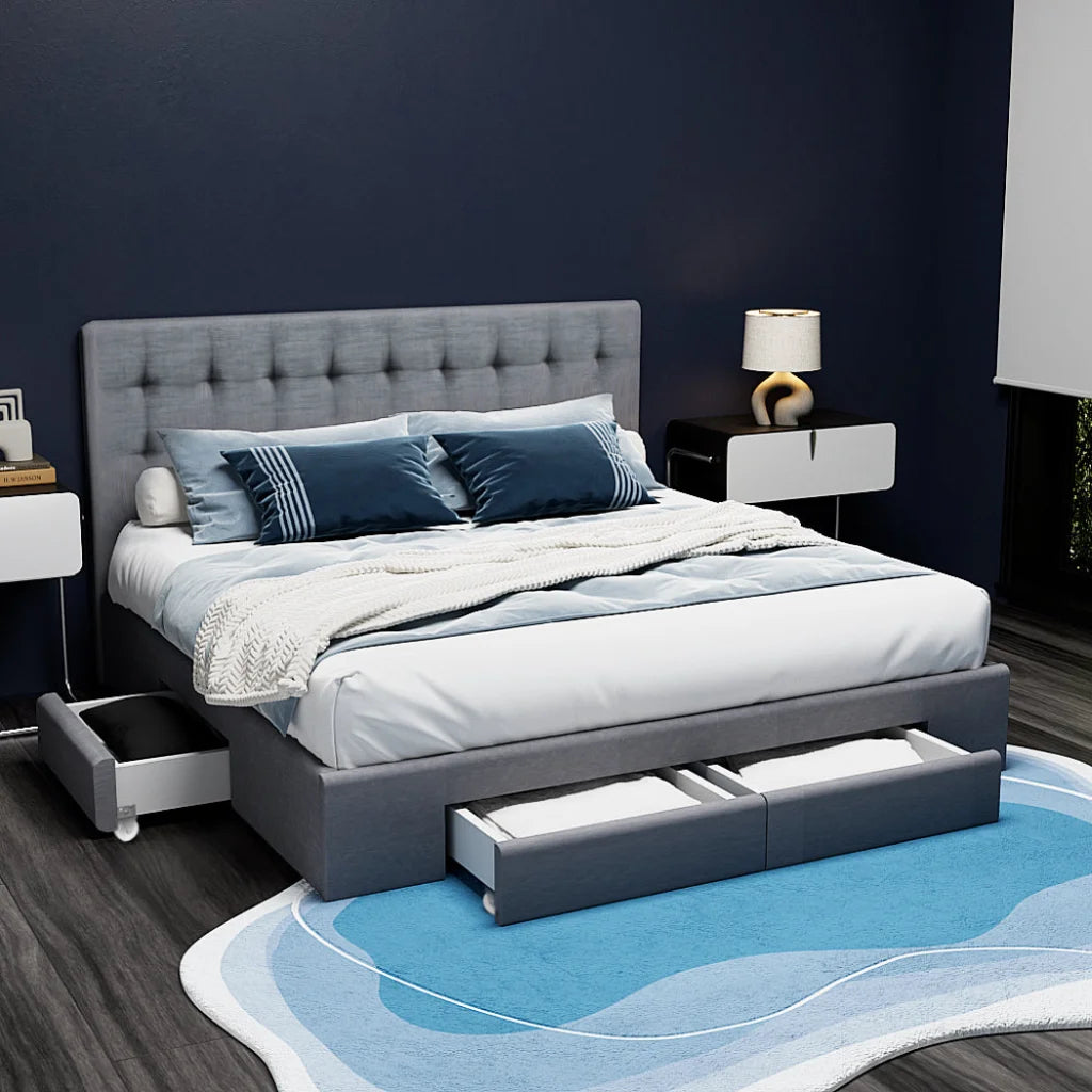 Tiyo Bed Frame Fabric Storage Drawers Grey King - Bedroom